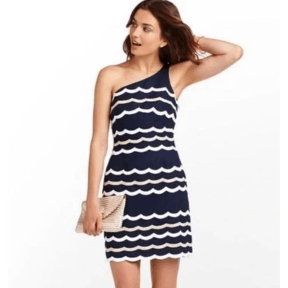 NWT Lilly Pulitzer Tylar One shoulder mini dress navy blue‎ white gold Size 4